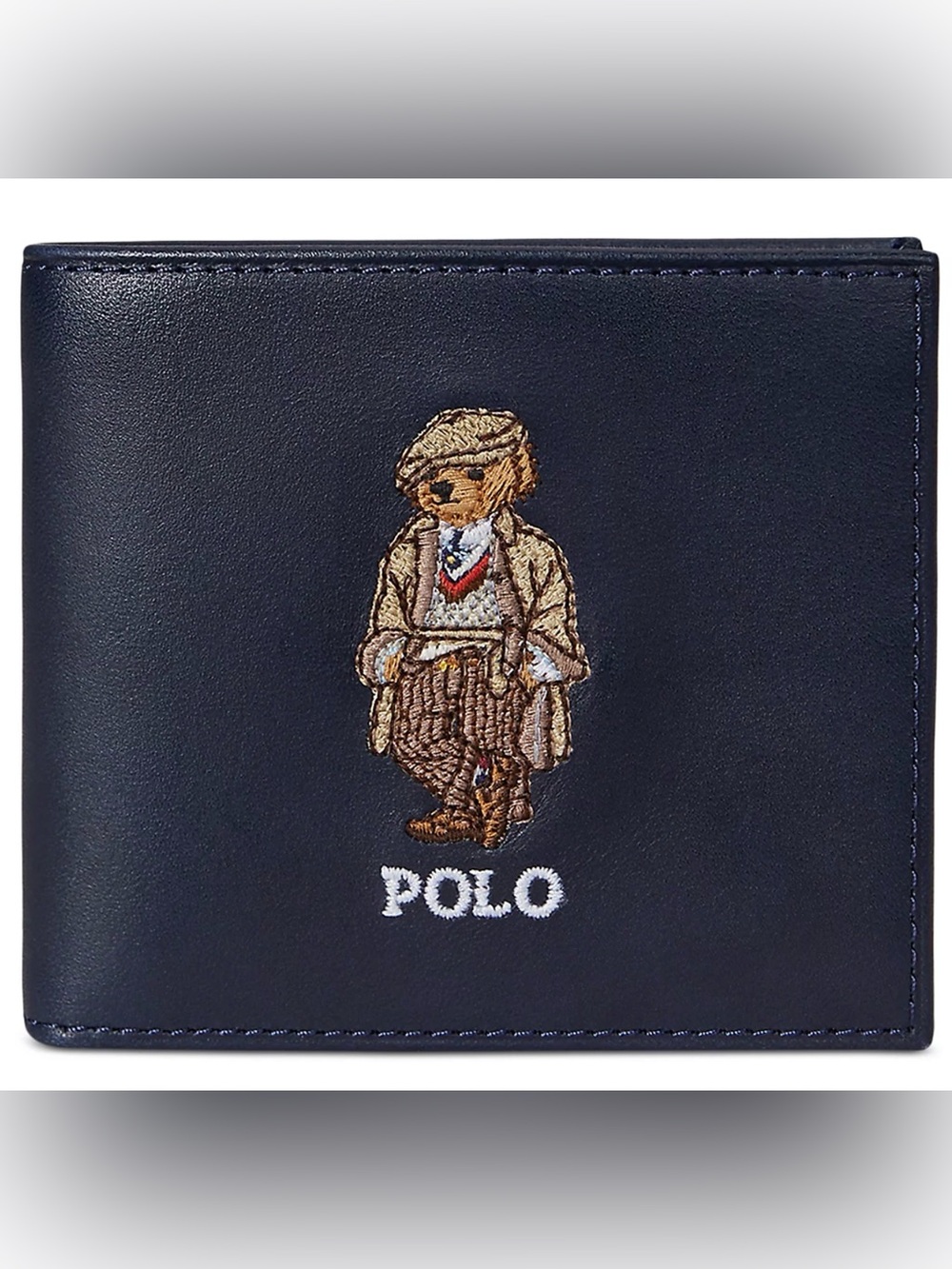 NEW Polo Ralph Lauren Navy Blue HERITAGE BEAR Leather Double Billfold Wallet